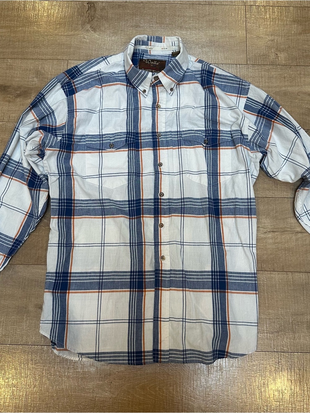 Vintage/90s Walls Men's Navy, White & Orange Plaid Button-Down Shirt